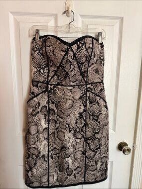 BCBGMaxAzria Strapless Snake-Print Sheath Dress in Black and Gray